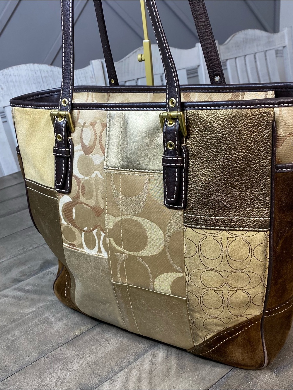 Vintage Coach Hampton Holiday Patchwork Tote Bag Brown Gold Canvas Suede Y2K - Picture 9 of 15